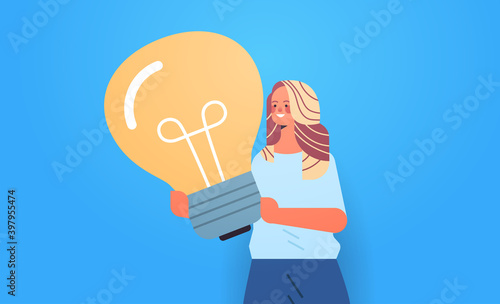 woman hr manager holding light bulb creative management concept horizontal portrait vector illustration