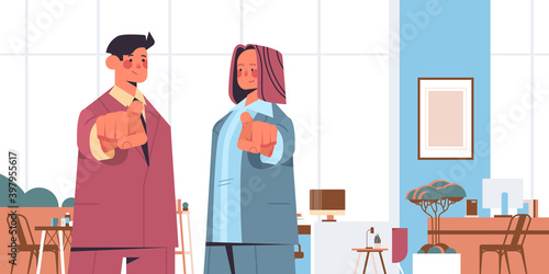 hr managers choosing lucky applicant pointing fingers at camera vacancy open recruitment human resources concept office interior horizontal portrait vector illustration