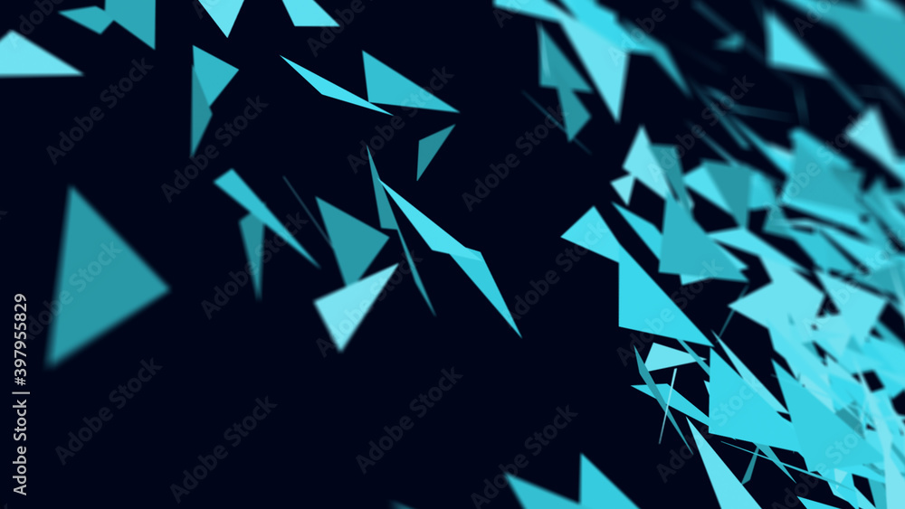 Fototapeta premium Dynamic pattern background of blue polygons that twist and turn slow in chaotic manner and at the same time the camera moves to the left on dark background. Backdrop concept with copy space