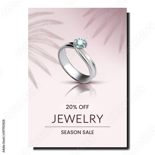 Ring Jewelry Accessory Promotional Banner Vector. Platinum Jewellery Ring With Diamond Stone, Expensive Elegance Gift On Advertising Poster. Shop Season Sale Style Concept Template Illustration