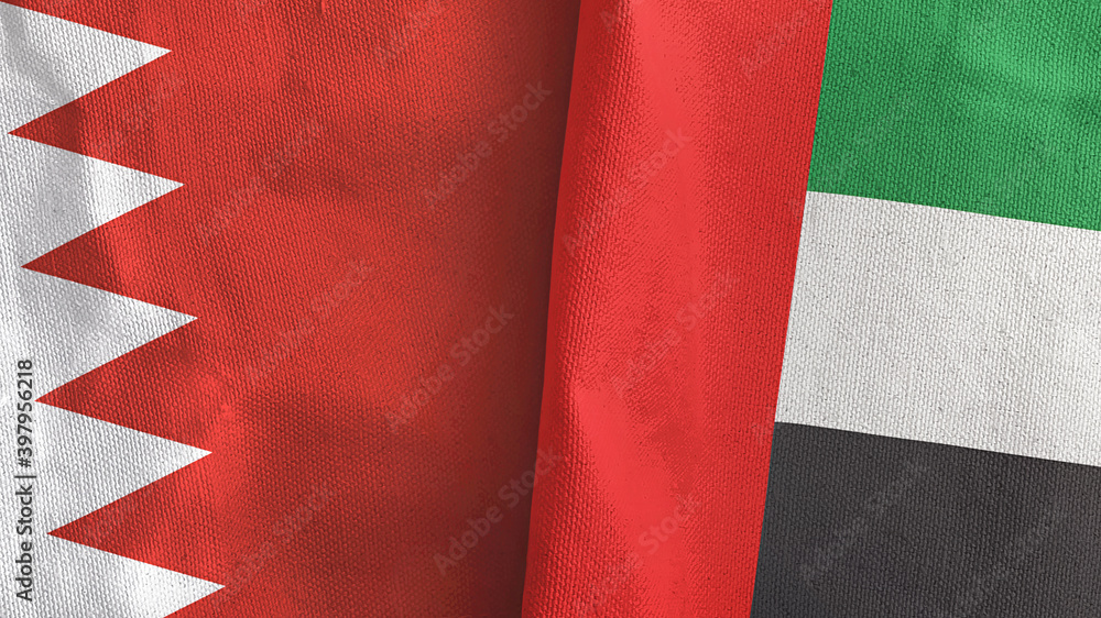 United Arab Emirates and Bahrain two flags textile cloth 3D rendering