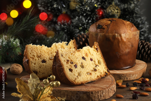 Delicious slice of Panettone with candied fruit