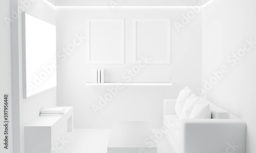 3d rendering of white modern living room interior background with tv. © yayha