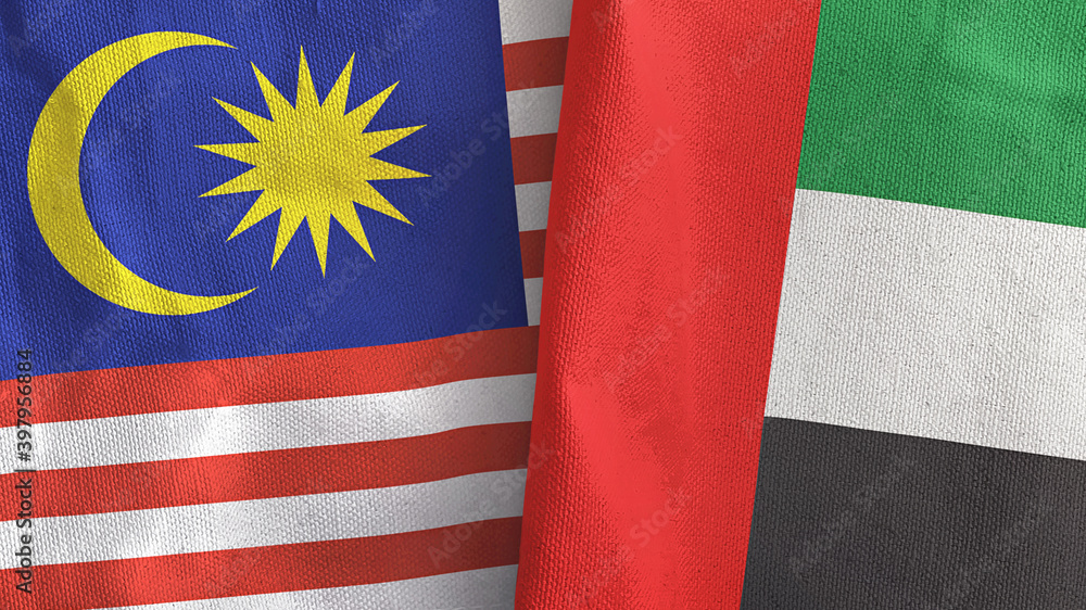 United Arab Emirates and Malaysia two flags textile cloth 3D rendering