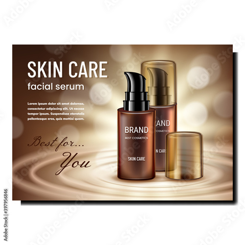Skin Care Facial Serum Promotional Poster Vector. Face Skincare Serum Blank Packages With Pump And Cap On Elegant Advertising Banner. Make-up Cosmetics Containers Style Concept Template Illustration