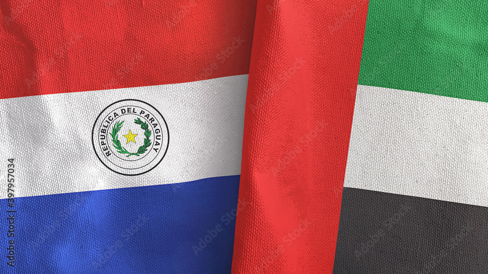 United Arab Emirates and Paraguay two flags textile cloth 3D rendering