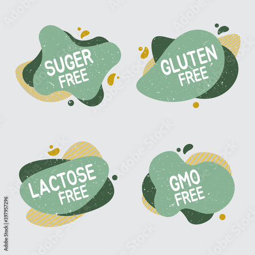 Set of allergen free badges. Lactose, gluten, sugar and GMO free. Vector signs of allergen contant for packaging design, cafe, restaurant badges, tags.