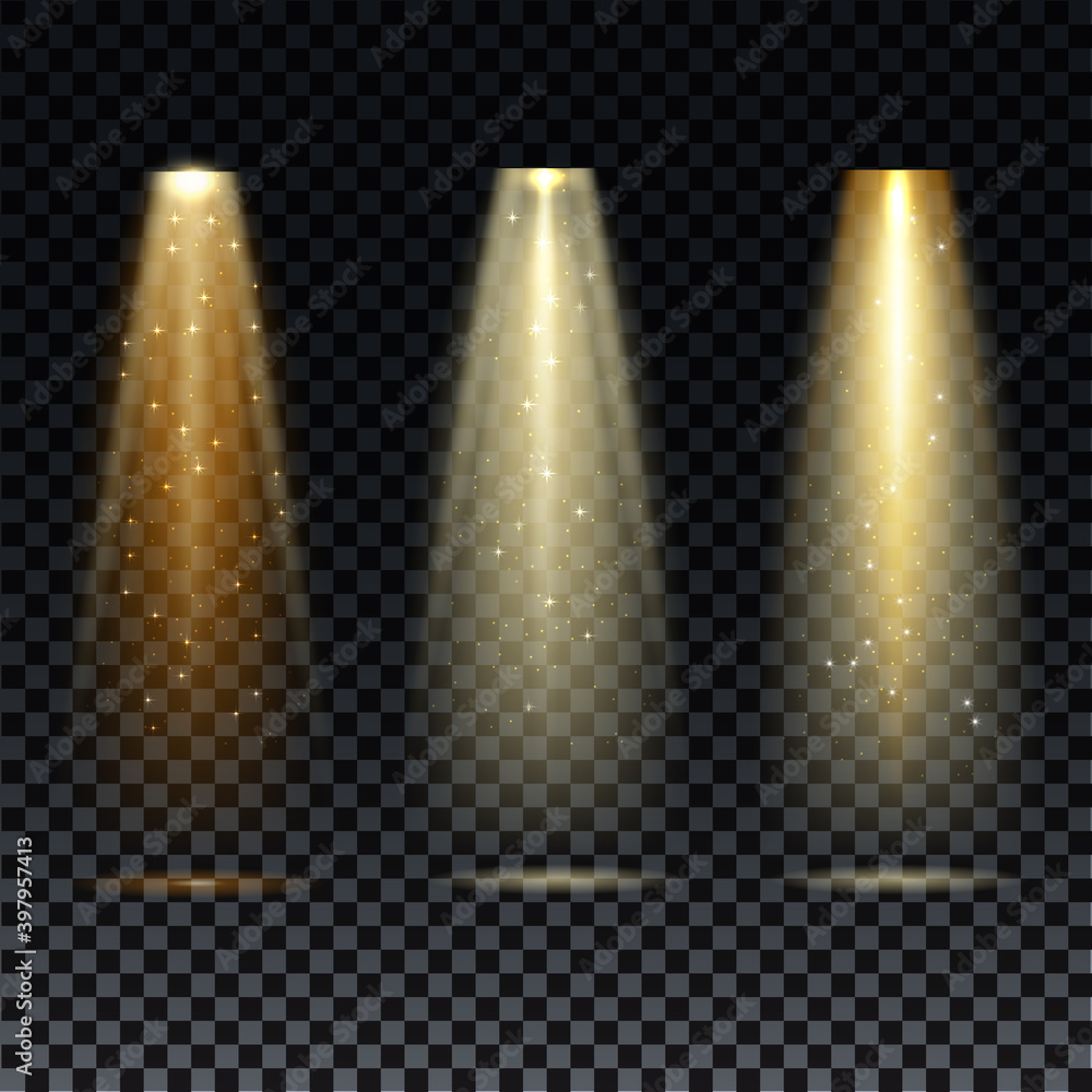 Gold spotlight. Bright lighting with spotlights of the stage on transparent background. Gold spotlight. Bright lighting with spotlights of the stage on transparent background.