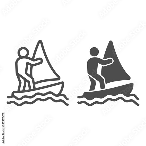 Windsurfer line and solid icon, waterpark concept, windsurfing sign on white background, windsurfer silhouette icon in outline style for mobile concept and web design. Vector graphics.