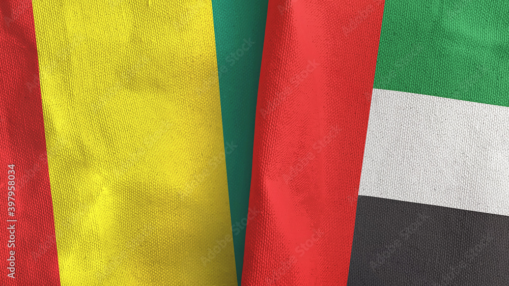 United Arab Emirates and Guinea two flags textile cloth 3D rendering