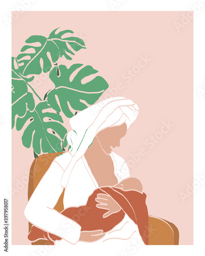 Abstract breastfeeding vector illustration. Young mother holding her newborn child. Mom nursing baby. Maternity leave, happy motherhood, natural feeding concept. Happy mother day.