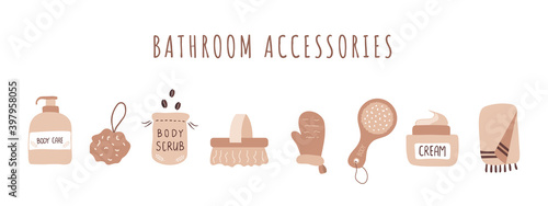 Bathroom accessories. Organic products for peeling skin. Anti-cellulite treatment. Home self care. Vector illustration in cartoon style.