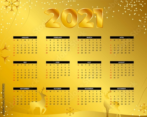 Classic golden Calendar layout of 2021, New year, set of 12 months, week start from Sunday, calendar template for website and business, vector illustration.