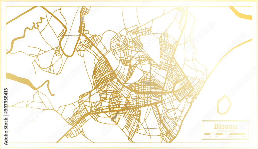 Bissau Republic of Guinea-Bissau City Map in Retro Style in Golden Color. Outline Map.