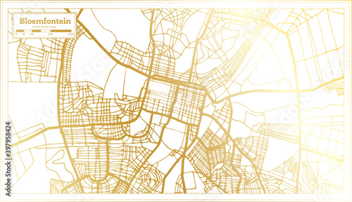 Bloemfontein South Africa City Map in Retro Style in Golden Color. Outline Map.