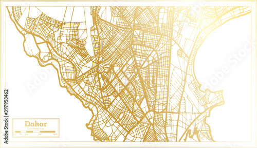 Dakar Senegal City Map in Retro Style in Golden Color. Outline Map.