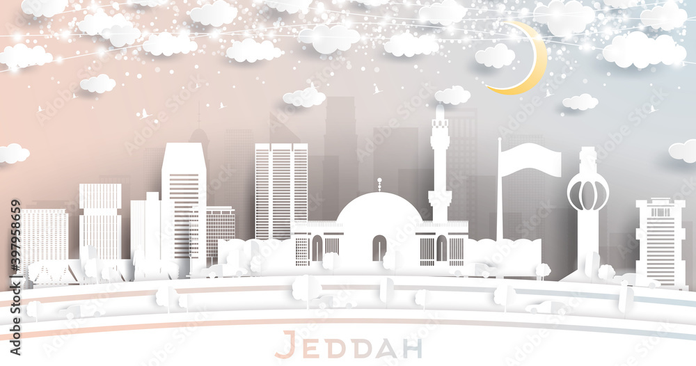 Jeddah Saudi Arabia City Skyline in Paper Cut Style with Snowflakes, Moon and Neon Garland.