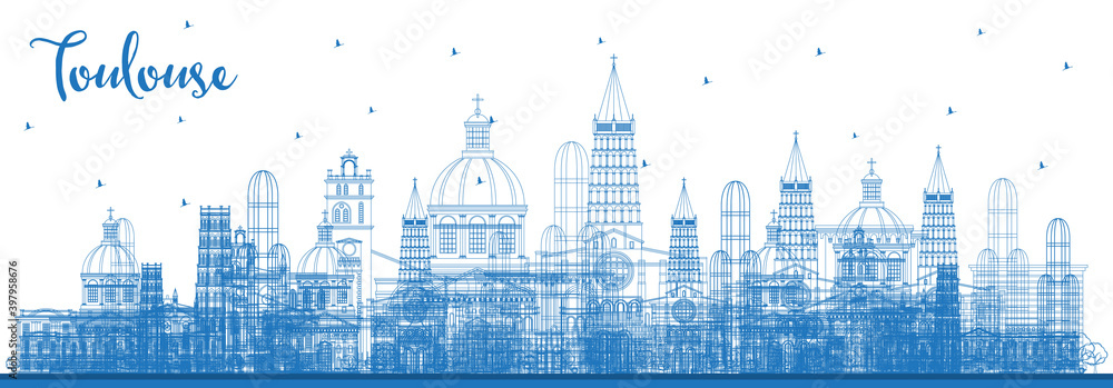 Outline Toulouse France City Skyline with Blue Buildings.