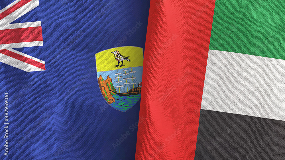 United Arab Emirates and Saint Helena two flags textile cloth 3D rendering