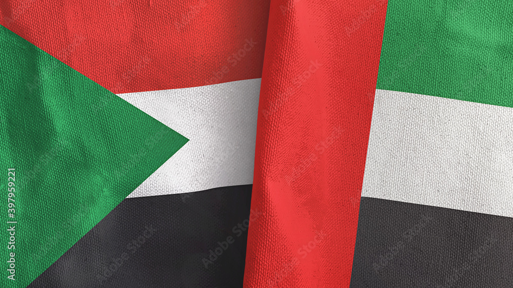 United Arab Emirates and Sudan two flags textile cloth 3D rendering