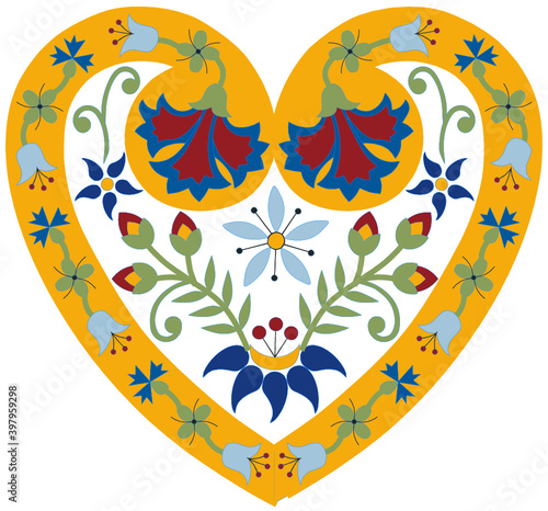 Kashubian floral arrangement folk art Polish Poland Kaszuby flowers heart design valentine pattern