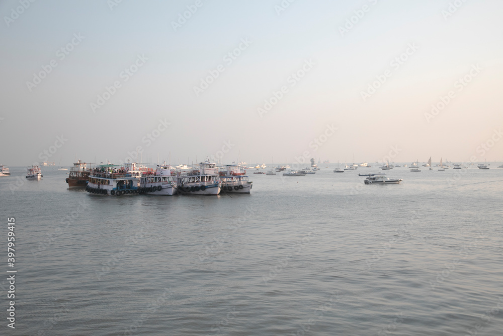 Mumbai, Maharashtra - December 4, 2020: Coastal Sea Port during sunset