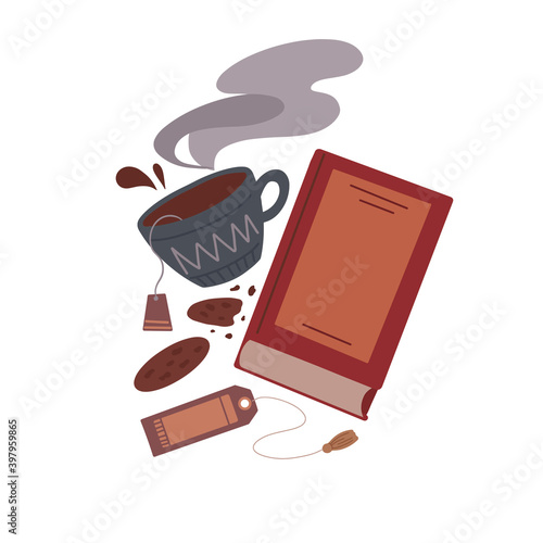 Cozy evening reading of books. Flat illustration of a book, a cup of tea, a cookie and a bookmark on a white background. Vector cartoon object for cards, banners, labels and your design.