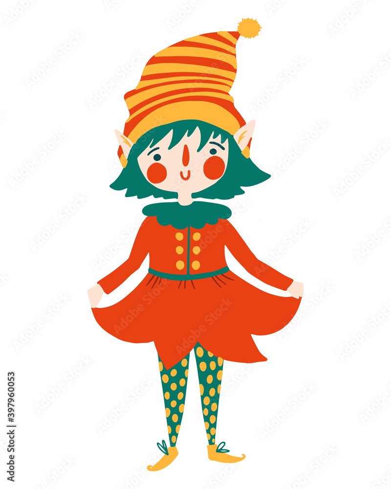 Cute elf character. Christmas Santa Claus helper. Girl dwarf little fantasy helper. Cartoon flat vector isolated set. Perfect for sublimation printing, card design, web site, sticker Cute elf character. Christmas Santa Claus helper. Girl dwarf little fantasy helper. Cartoon flat vector isolated set. Perfect for sublimation printing, card design, web site, sticker