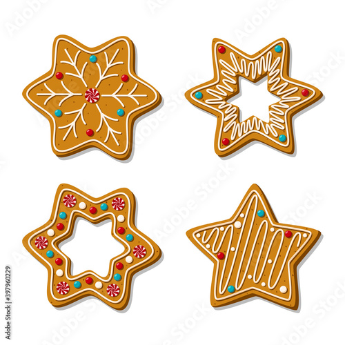Set of gingerbread cookies in the shape of a star with glaze isolated on white background. Homemade sweets. Vector illustration