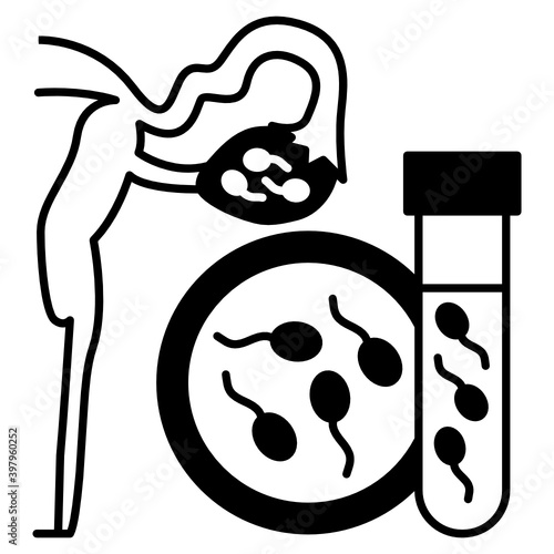 Ovary, Beaker containing Male Sperm and Tube Concept Vector Glyph Icon Design, In Vitro Fertilization Symbol on White Background, Pregnancy and obstetrician Sign,