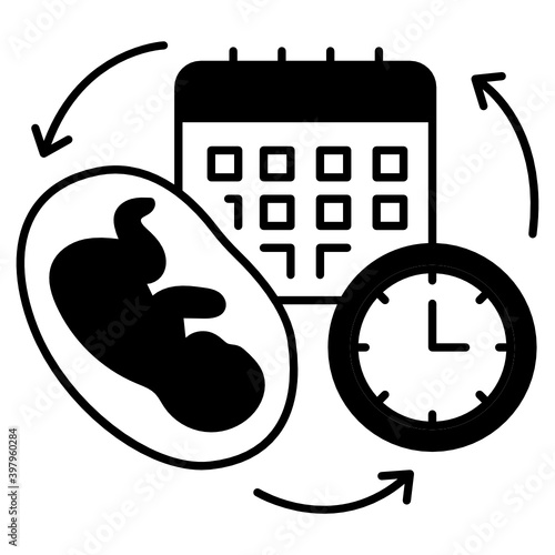 Foetus Week and time clock Vector Glyph Icon Design, In Vitro Fertilization Symbol on White Background, Pregnancy and obstetrician Sign, Baby Making Life Cycle Concept, 