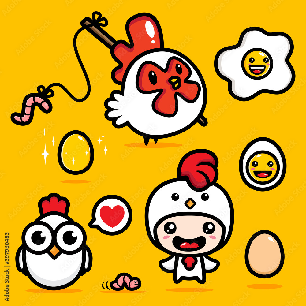 Naklejka premium Cute chicken and egg type characters