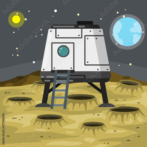 Lunar module of Spacecraft and living quarters. Future and science. Colony base of astronaut on Moon. Flat cartoon. Space flight and modern colonization technologies
