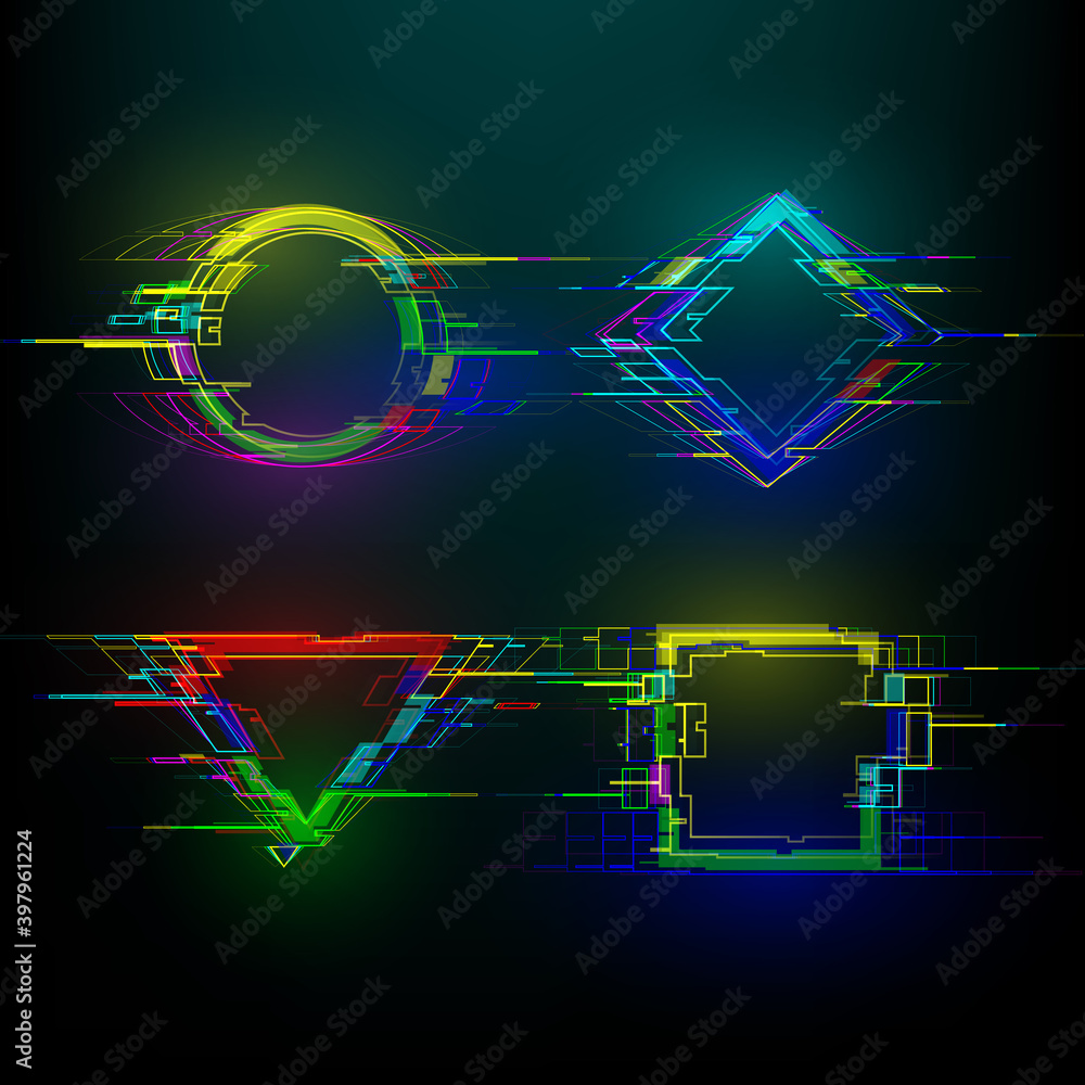 Set of futuristic glitch geometry shapes in cyberpunk style. Modern glowing circle, rhombus, rectangle and triangle with distortion effect. Good for design banners, web. Vector illustration