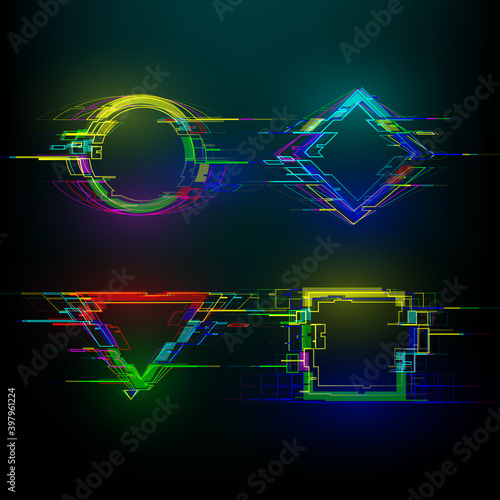 Obraz na płótnie Set of futuristic glitch geometry shapes in cyberpunk style. Modern glowing circle, rhombus, rectangle and triangle with distortion effect. Good for design banners, web. Vector illustration w salonie
