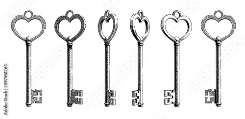 Sketch of a key in the shape of a vintage heart shape from different angles.