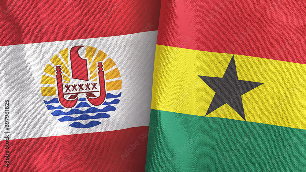 Ghana and French Polynesia two flags textile cloth 3D rendering