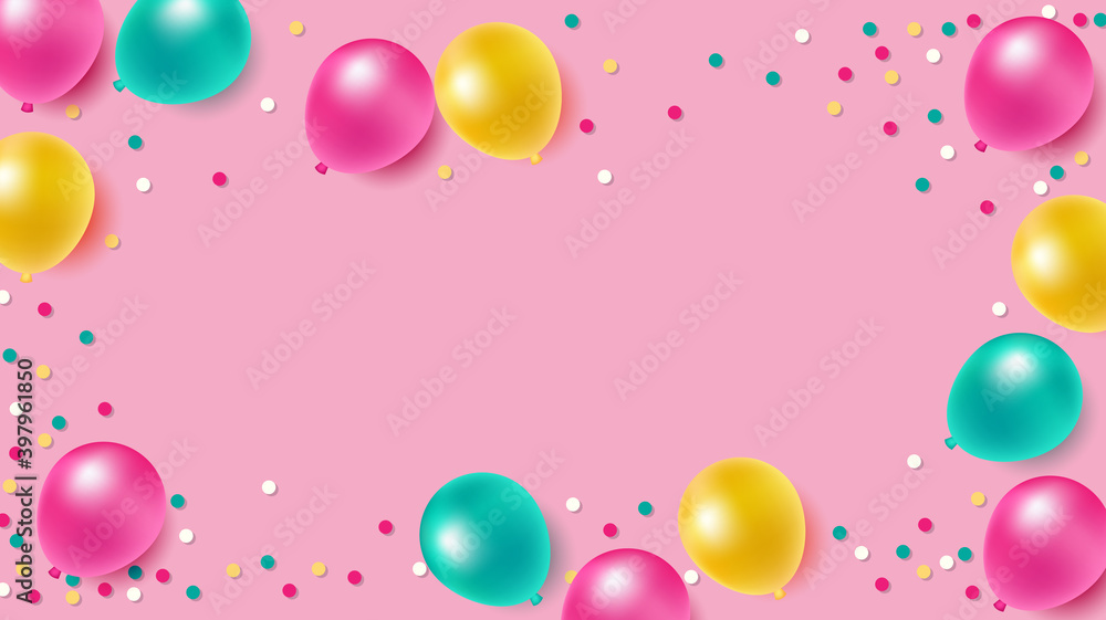 Colorful balloons  on pink background for Party and Celebrations With Space for Message