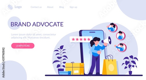 Brand advocate flat concept vector. Trademark advocacy strategy, positive image creation, social media comments. Brand attorney, digital marketing, internet. Modern illustration.
