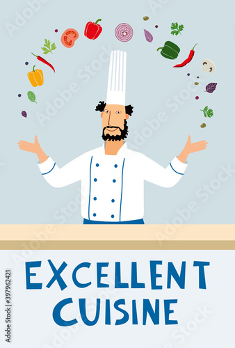 A pleasant chef with a beard tosses the ingredients for the dish. Great kitchen inscription. Vector graphics