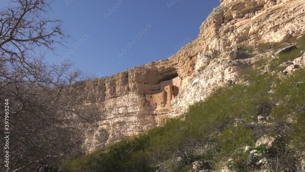 Montezuma Castle National Monument in Verde River valley in Arizona, USA - Static wide shot Montezuma Castle National Monument in Verde River valley in Arizona, USA - Static wide shot