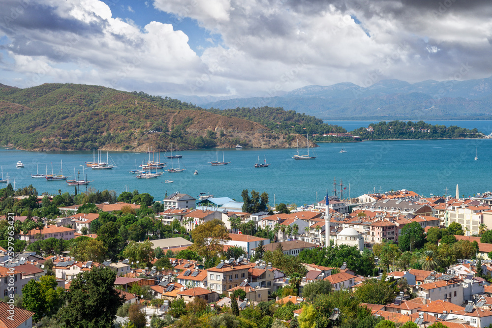 panorama of Fethiye city. aerial view of the popular tourist city of Fethiye and the Bay of the Mediterranean sea