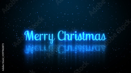 Blue Glowing Light Merry Christmas Lettering Neon Signs With Floor Reflection And Glitter Sparkle Dust On Dark Blue Background