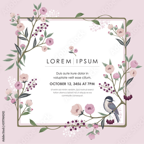  Vector illustration of a floral frame with a little bird on branch in spring. Design for cards, party invitation, Print, Frame Clip Art and Business Advertisement and Promotion
