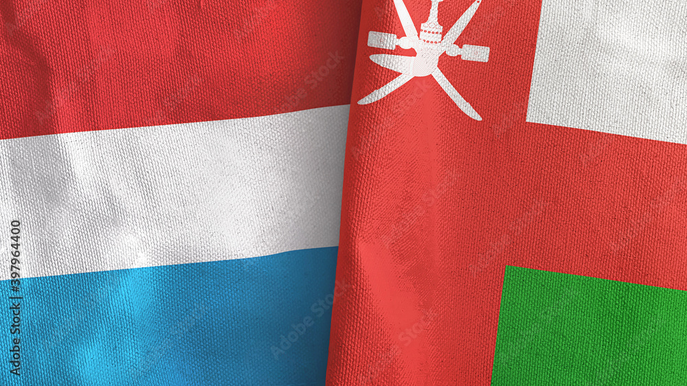 Oman and Luxembourg two flags textile cloth 3D rendering