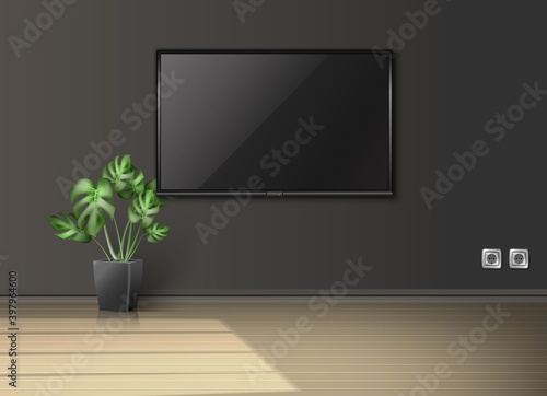 3d realistic vector empty living room with screen on the wall and plant in a black pot with sun light coming from the window.