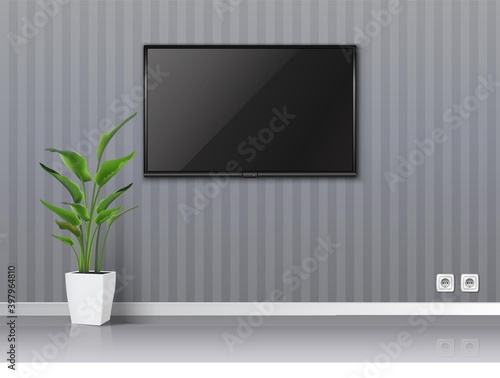3d realistic vector empty living room with gray walls an TV scree on the wall hanging and floor tropical plant.