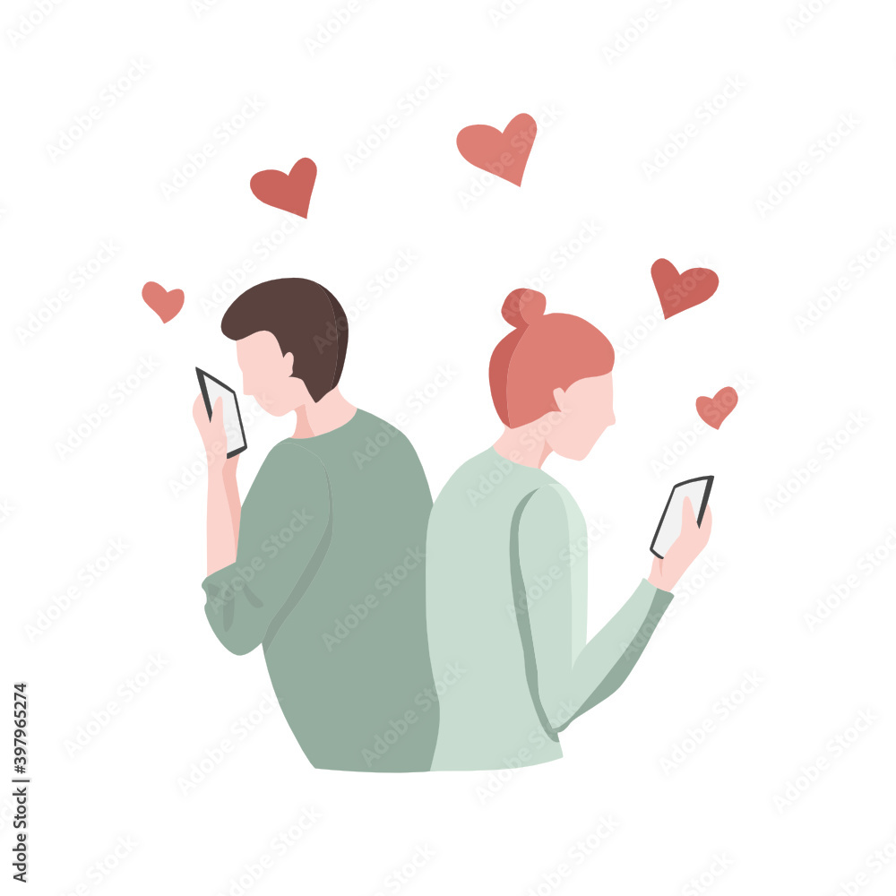Vector illustration of romantic couple chatting in their phones Vector illustration of romantic couple chatting in their phones