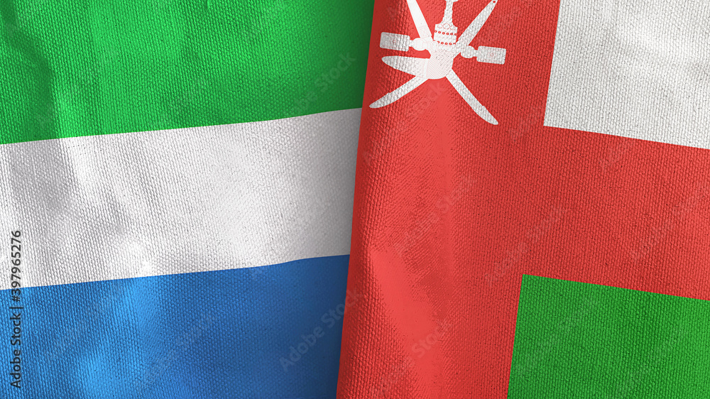 Oman and Sierra Leone two flags textile cloth 3D rendering
