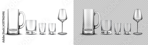 Set of glasses for tequila, whisky, beer tankard and wine tempranillo, cups for alcohol drinks stand in row isolated on white background. Empty glassware for beverages Realistic 3d vector illustration